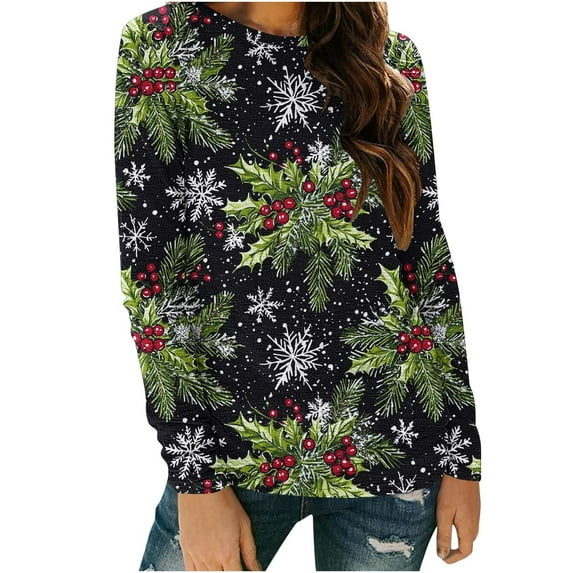 asdoklhq Christmas Mock Neck Tops for Women Womens' Christmas Printed Long Sleeved Round Neck Top/shirt Green S