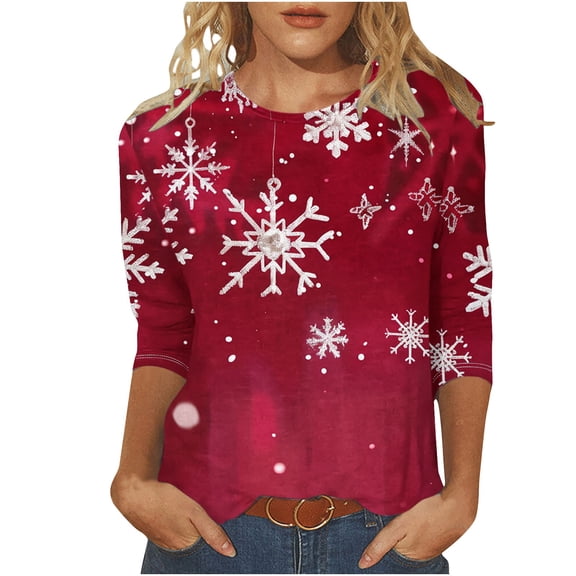 asdoklhq Christmas Mock Neck Tops for Women's Fashion Casual Color Letters Printing Round Neck 3/4 Sleeve T-shirt Blouse Multicolor XL