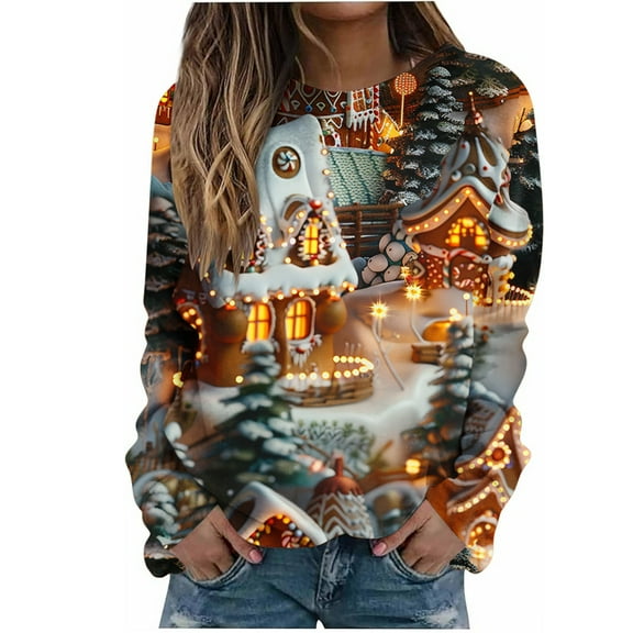 asdoklhq Christmas Oversized Sweaters for Women Christmas Printed Loose Casual Long Sleeve Round Neck Hoodless Straight Shoulder Sweater Coffee 5X