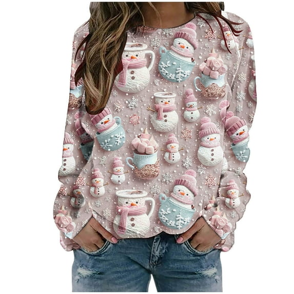 asdoklhq Christmas Oversized Sweaters for Women Womens' Christmas Santa Claus Printed Shoulder Length Long Sleeved Round Neck Top/shirt Multicolor M