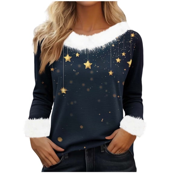 asdoklhq Christmas Oversized Sweaters for Women's Winter Christmas Printed Fashionable Casual Long Sleeved Round Neck Pullover Top Navy 2X