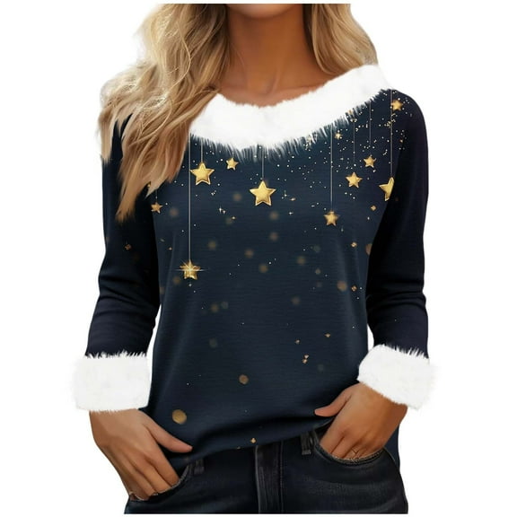 asdoklhq Christmas Oversized Sweaters for Women's Winter Christmas Printed Fashionable Casual Long Sleeved Round Neck Pullover Top Navy L