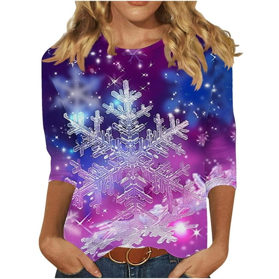 asdoklhq Christmas Oversized Sweatshirt for Women Fashion Women's Comfortable Round-Neck 3/4 Sleeve Print Casual T-shirt Blouse Purple L