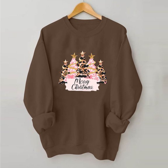 asdoklhq Christmas Oversized Sweatshirt for Women Round Printed Loose Fitting Sweatshirts Long Sleeve Hoodless Sweatshirts Brown S