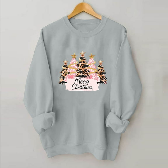 asdoklhq Christmas Oversized Sweatshirt for Women Round Printed Loose Fitting Sweatshirts Long Sleeve Hoodless Sweatshirts Gray 2X