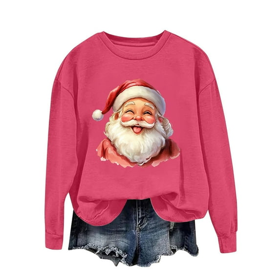 asdoklhq Christmas Oversized Sweatshirt for Women's Round Neck Printed Loose Fitting Long Sleeve Hoodless Sweatshirts Hot Pink XL