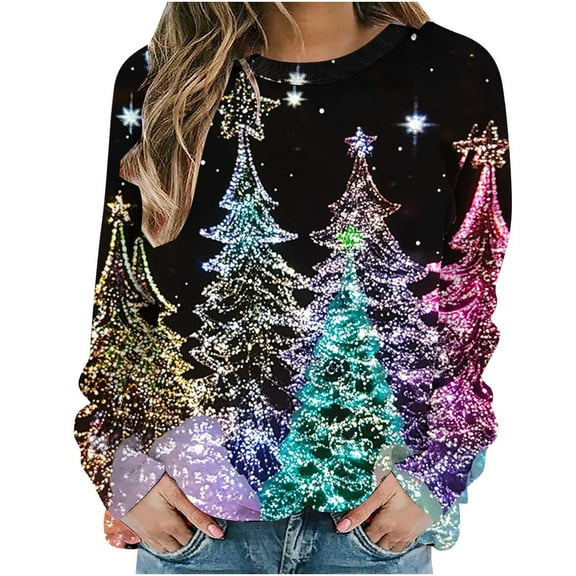 asdoklhq Christmas Oversized Tshirts for Women 2024 Women Christmas Christmas Tree Shining and Sparkling Print Loose Round Neck Sweatshirt Long Sleeved Top Hooded Sweatshirt Multicolor XL