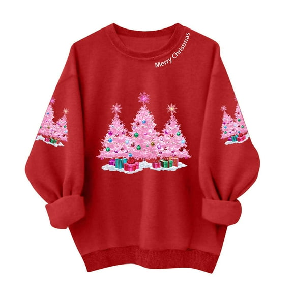 asdoklhq Christmas Oversized Tshirts for Women Christmas Women's Round Neck Fashionable Printed Sweatshirt Long Sleeved Top Sweatshirt Red M