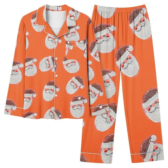 asdoklhq Christmas Pajamas Women Ladies' Casual Fashion Christmas Printed Long Sleeved Lapel Set Casual Top Pants Pajama Set Orange S
