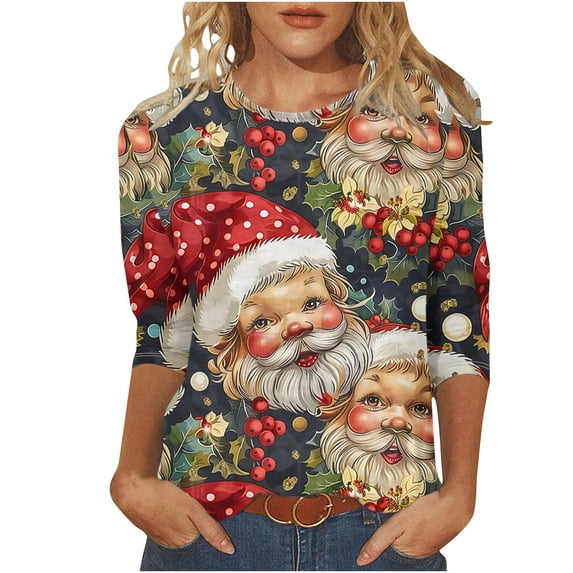 asdoklhq Christmas Plus Size Fall Tops Women's Fashion Casual Color Letters Printing Round Neck 3/4 Sleeve T-shirt Blouse Multicolor XL