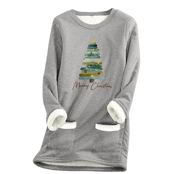 asdoklhq Christmas Plus Size Fall Tops Women's Thick Fleece Sweatshirt Long Sleeve Print Velvet Warm Round Neck Underwear Gray 2X