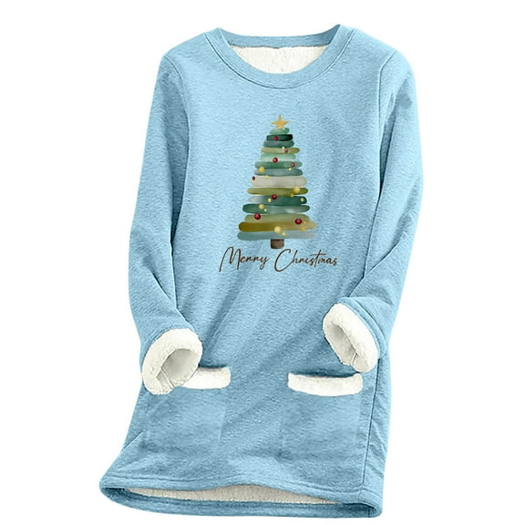 asdoklhq Christmas Plus Size Fall Tops Women's Thick Fleece Sweatshirt Long Sleeve Print Velvet Warm Round Neck Underwear Light Blue S