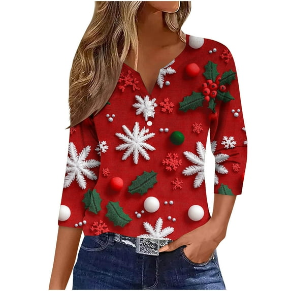 asdoklhq Christmas Plus Size Sweaters for Women Fashion Printed 3/4 Sleeve Blouse V Neck Casual Red XL