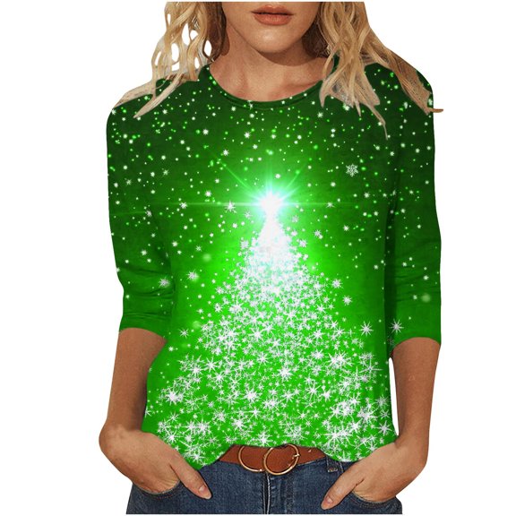 asdoklhq Christmas Plus Size Sweaters for Women Fashion Women's Christmas Printed Blouses Three-Quarter Sleeve T-Shirt Round-Neck Top Green S