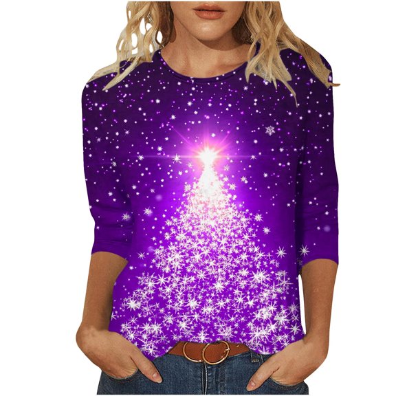 asdoklhq Christmas Plus Size Sweaters for Women Fashion Women's Christmas Printed Blouses Three-Quarter Sleeve T-Shirt Round-Neck Top Purple L