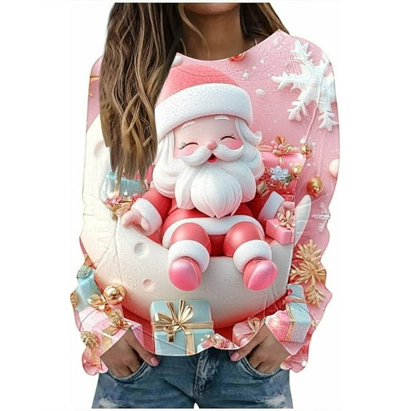 asdoklhq Christmas Plus Size Sweaters for Women Women Christmas Snowman Snowflake Print Long Sleeved Round Neck Top/shirt Blue 4X