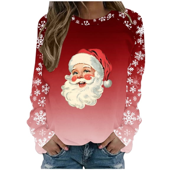 asdoklhq Christmas Pullover Sweaters for Women Ladies' Casual Christmas Printed Long-Sleeved Crew Neck Top Red 2X