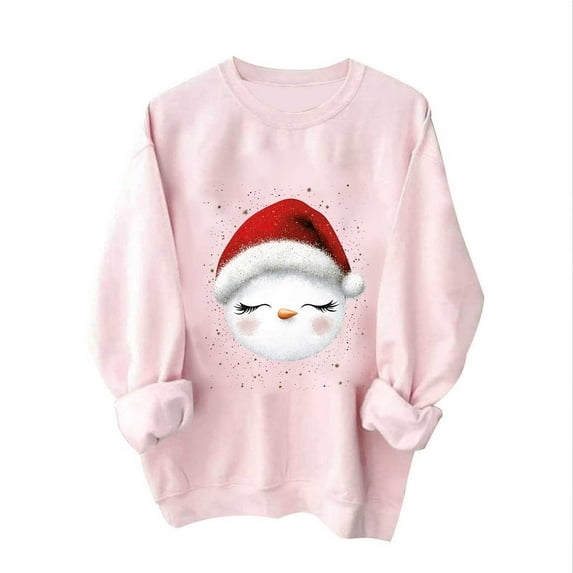 asdoklhq Christmas Pullover Sweaters for Women Ladies' Christmas Printed Off Shoulder Sweatshirt with Round Neck and Long Sleeved Top Pink M