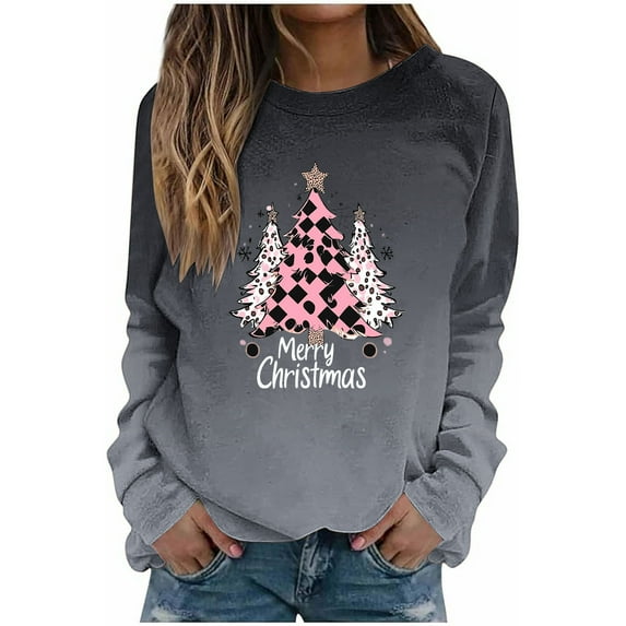 asdoklhq Christmas Shirts for Women Christmas Gradient Print Loose Casual Long Sleeve Round Neck Hoodless Straight Shoulder Sweatshirt Hoodless Sweatshirt Black XL