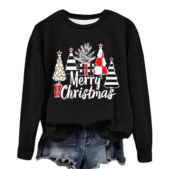asdoklhq Christmas Shirts for Women Christmas Printed Crew Neck Long Sleeve Pullover Hoodie Black S