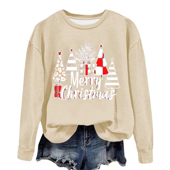 asdoklhq Christmas Shirts for Women Christmas Printed Crew Neck Long Sleeve Pullover Hoodie Khaki S