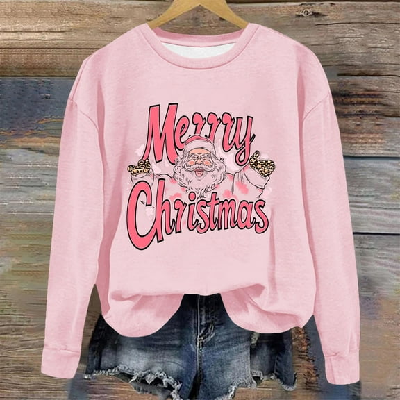 asdoklhq Christmas Shirts for Women Christmas Printed Crew Neck Long Sleeve Pullover Hoodie Pink M