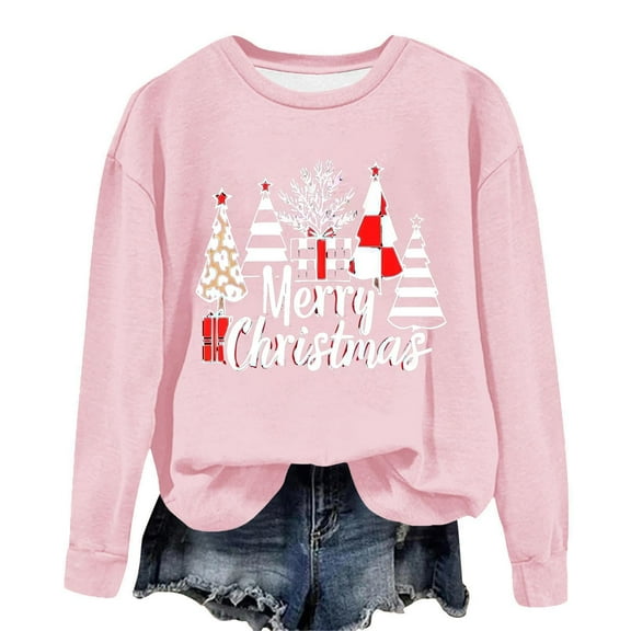 asdoklhq Christmas Shirts for Women Christmas Printed Crew Neck Long Sleeve Pullover Hoodie Pink S