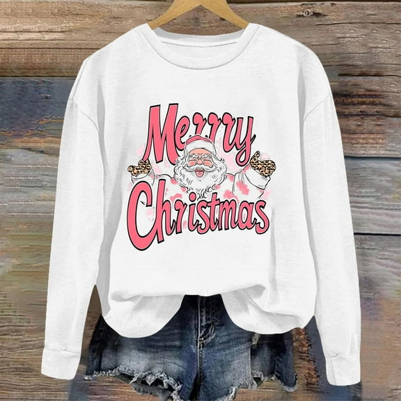 asdoklhq Christmas Shirts for Women Christmas Printed Crew Neck Long Sleeve Pullover Hoodie White S
