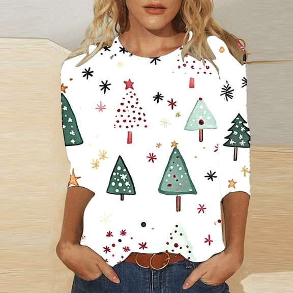 asdoklhq Christmas Shirts for Women Fashion Tees Casual Crewneck 3/4 Sleeve Loose T Shirt Ladies Blouses Shirts Multicolor S