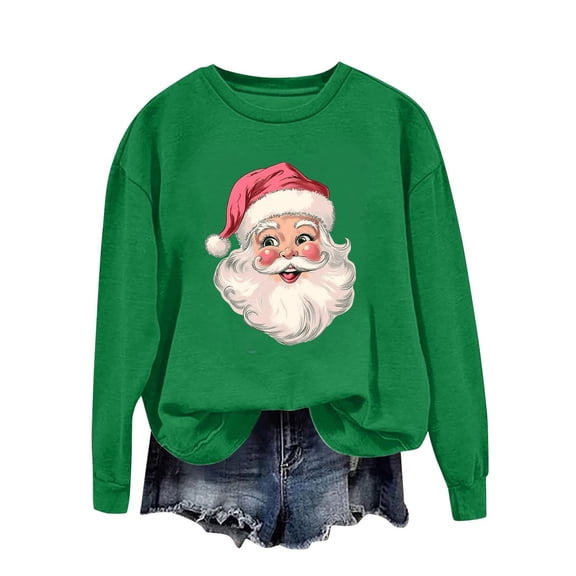 asdoklhq Christmas Shirts for Women Round Neck Printed Loose Fitting Long Sleeve Hoodless Sweatshirts Green S