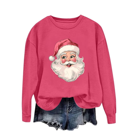 asdoklhq Christmas Shirts for Women Round Neck Printed Loose Fitting Long Sleeve Hoodless Sweatshirts Hot Pink S