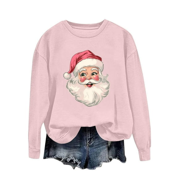 asdoklhq Christmas Shirts for Women Round Neck Printed Loose Fitting Long Sleeve Hoodless Sweatshirts Pink S