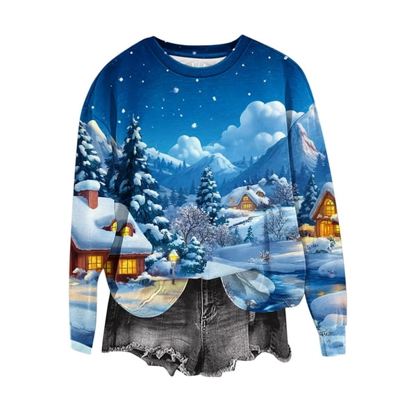 asdoklhq Christmas Shirts for Womens Shirts Crewneck Cute Funny Ghost Print Trendy Long Sleeve Sweatshirts Sky Blue 2X