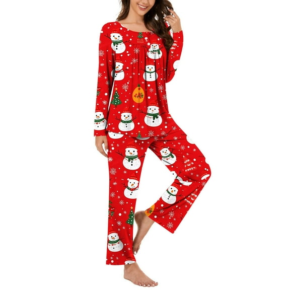 asdoklhq Christmas Silk Pajamas for Women Ladies' Christmas Printed V-neck Casual Long Top Pants Pajama Set Red S