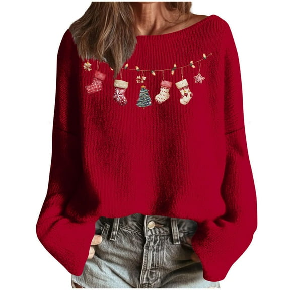 asdoklhq Christmas Sweaters for Women's Winter Christmas Printed Long Sleeved Round Neck Coarse Woven Stripe Long Sleeved Pullover Top Red S
