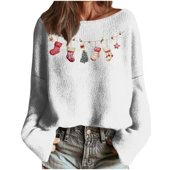 asdoklhq Christmas Sweaters for Women's Winter Christmas Printed Long Sleeved Round Neck Coarse Woven Stripe Long Sleeved Pullover Top White S