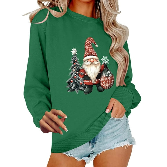 asdoklhq Christmas Sweatshirt for Women Round Neck Hoodless Christmas Printed Casual Loose Sweatshirt Green 2X