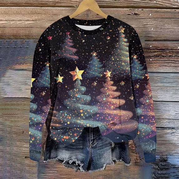 asdoklhq Christmas Sweatshirts for Women Christmas Bright Colorful Christmas Tree Round Neck Print Loose Sweatshirt Long Sleeve No-Cap Sweatshirt Top Multicolor XL