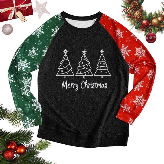 asdoklhq Christmas Sweatshirts for Women Christmas Printed Shoulder Long Sleeved Sweatshirt with Round Neck Top Black S