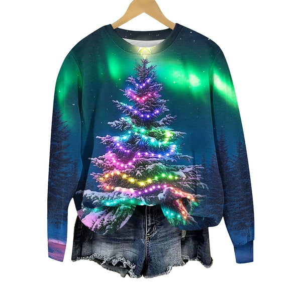 asdoklhq Christmas Sweatshirts for Women Christmas Round Neck Printed Loose Sweater Long-sleeved Top Multicolor 2X