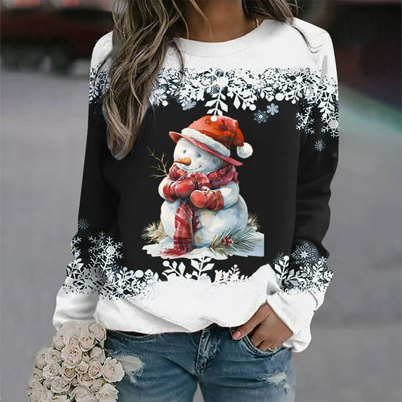 asdoklhq Christmas Sweatshirts for Women Christmas Women Fashion Casual Print Round Neck Loose Long Sleeve Blouse Sweatshirts Black S