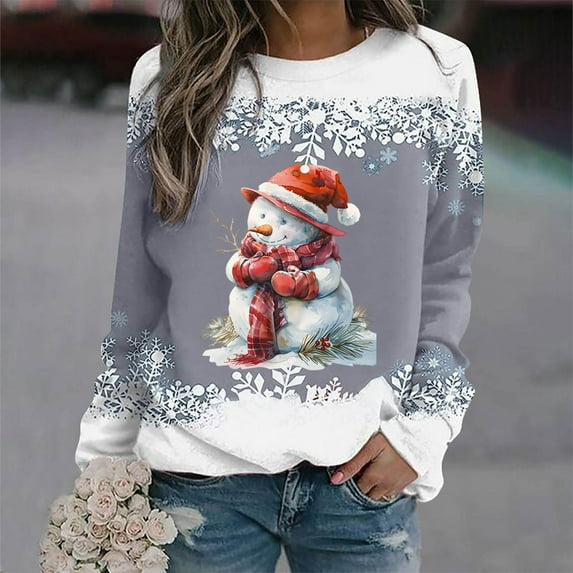 asdoklhq Christmas Sweatshirts for Women Christmas Women Fashion Casual Print Round Neck Loose Long Sleeve Blouse Sweatshirts Gray S