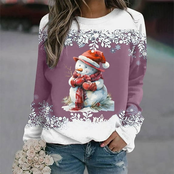 asdoklhq Christmas Sweatshirts for Women Christmas Women Fashion Casual Print Round Neck Loose Long Sleeve Blouse Sweatshirts Pink 2X