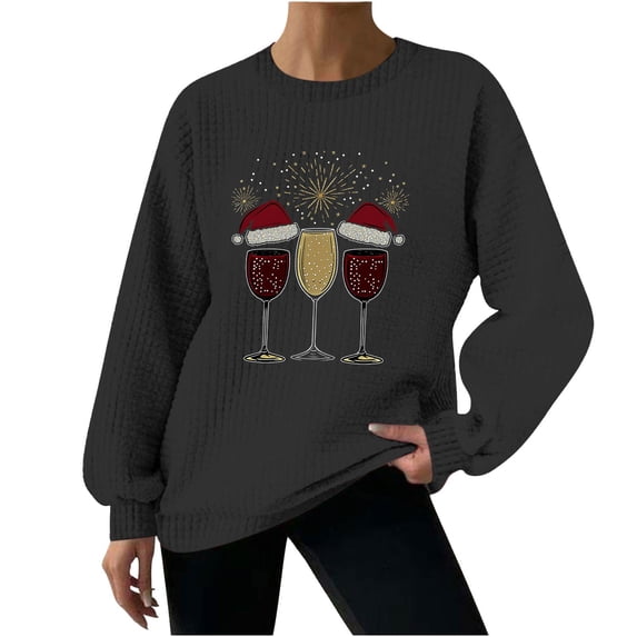 asdoklhq Christmas Sweatshirts for Women's Fashion Loose Casual Christmas Printed Round Neck Long Sleeve Hoodless Sweatshirt Black 2X