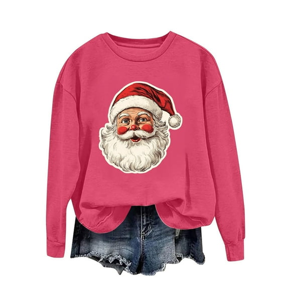 asdoklhq Christmas Sweatshirts for Women's Round Neck Printed Loose Fitting Long Sleeve Hoodless Sweatshirts Hot Pink M