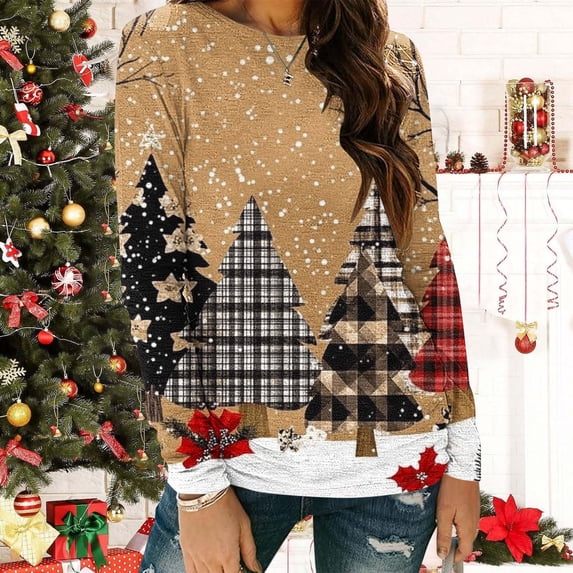asdoklhq Christmas T Shirts for Womens' Christmas Printed Long Sleeved Round Neck Top/shirt Khaki L