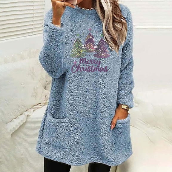 asdoklhq Christmas Thermal Shirts for Women Print Round- Neck and Winter Loose Solid Pocket Warm Long Sleeve Blouse Blue 2X