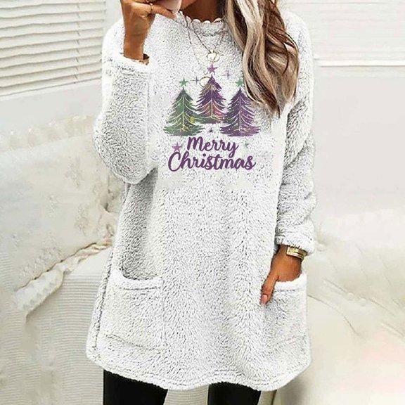 asdoklhq Christmas Thermal Shirts for Women Print Round- Neck and Winter Loose Solid Pocket Warm Long Sleeve Blouse White 2X