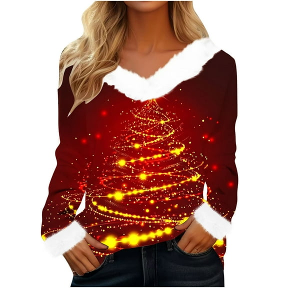 asdoklhq Christmas Tshirts Shirts for Women Ladies' Loose and Casual Christmas Tree Printed Plush Patchwork V-neck Long Sleeved Top Red S