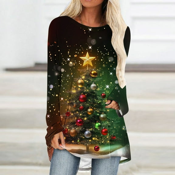 asdoklhq Christmas Tshirts Women Casual Long Sleeve Round Neck Pullover Loose Blouse Ethnic Style Printed ShirtsTops Multicolor 2X